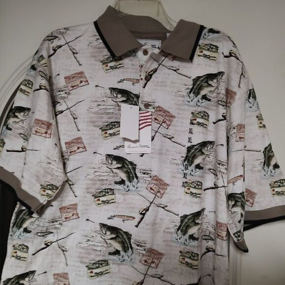 New American Summer White Multi-Color Fish Polo Size Men's XL - Picture 2 of 2